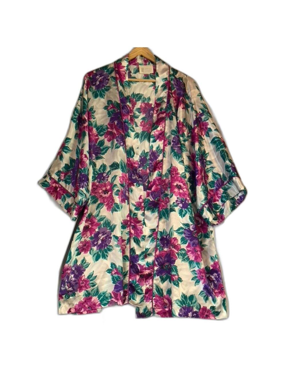 Vintage California Dynasty Robe Kimono Womens Large Pink Purple Floral Satin